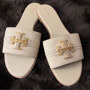 TORY BURCH Everly Slide Sandal Calf Leather Crystal Logo Dulce De Leche Size 10